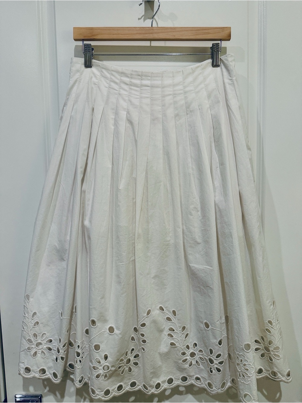 J. Crew White Cotton Pleated Eyelet Midi Skirt